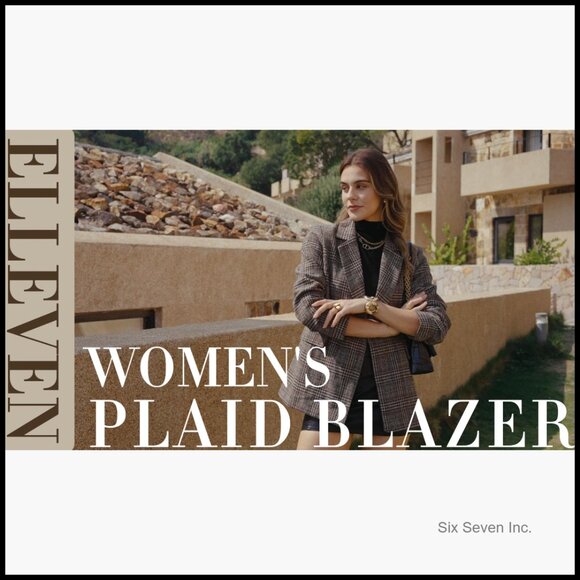 Women's Houndstooth Plaid Tweed Blazer, Double-Breasted Suit Jacket with Pockets - Picture 7 of 7